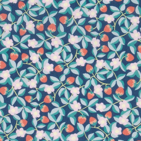Navy blue fabric with red strawberries, pink blossoms, and teal green leaves pattern