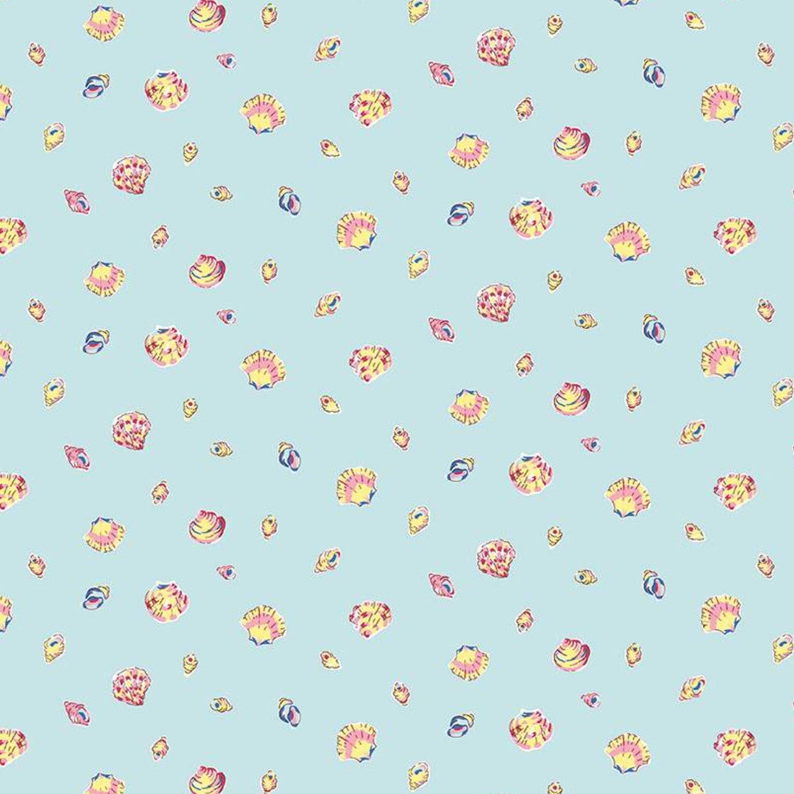 Light blue fabric with scattered colorful seashells in pink, yellow, and navy tones