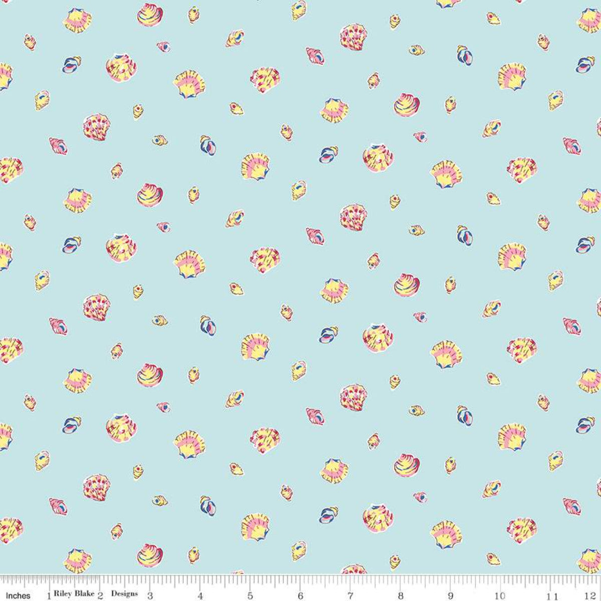 Light blue cotton fabric scattered with colorful pink and yellow seashell print