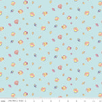 Light blue cotton fabric scattered with colorful pink and yellow seashell print