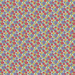 Densely packed red, blue, and yellow daisy print on white quilting cotton fabric