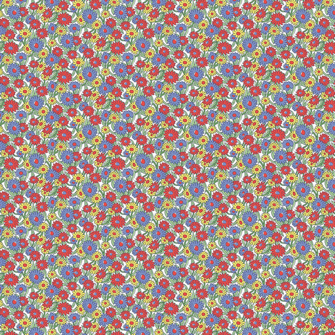 Densely packed red, blue, and yellow daisy print on white quilting cotton fabric
