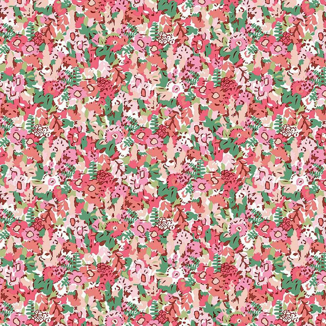 Pink and green dense floral meadow print cotton fabric by Riley Blake