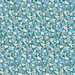 Blue and white dense floral print cotton fabric with teal background, allover meadow pattern