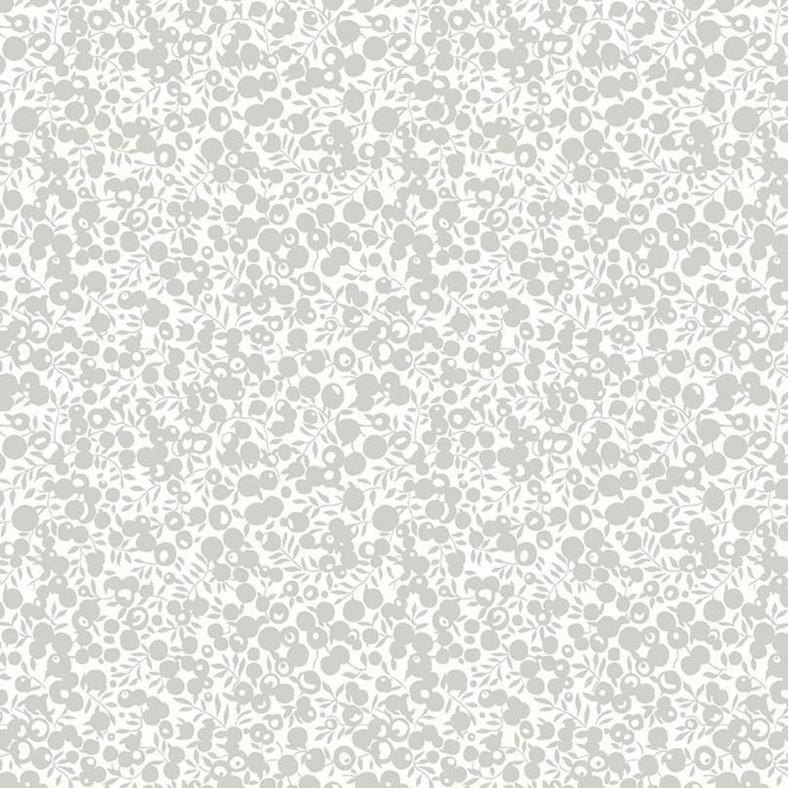Silver grey berry and leaf silhouette pattern on white quilting cotton fabric