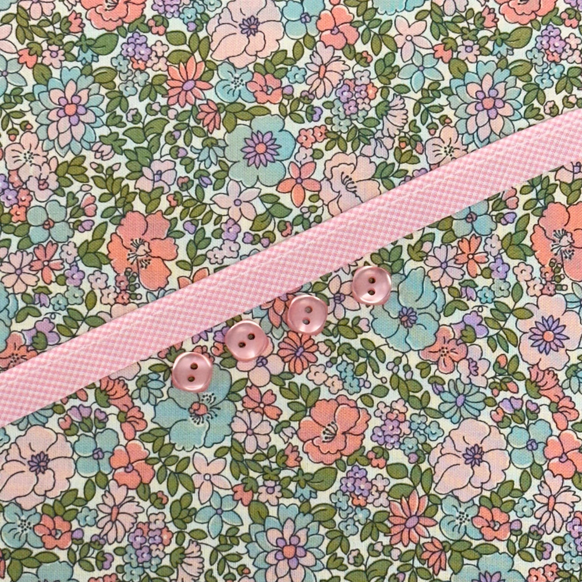 Floral cotton fabric with pink gingham ribbon and three pink buttons for Georgia Dress Kit