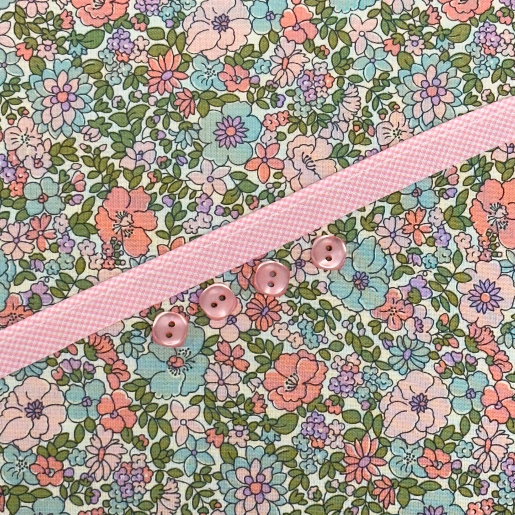 Floral cotton fabric with pink gingham ribbon and three pink buttons for Georgia Dress Kit