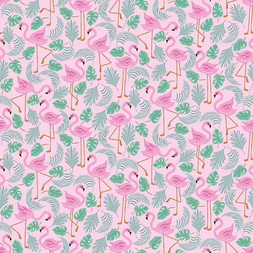 Pink flamingos and tropical green leaves on pink cotton fabric by Dear Stella