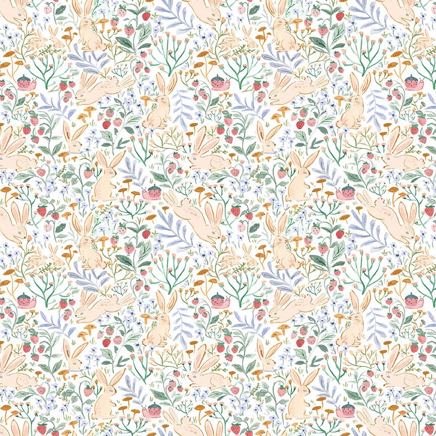 Cream rabbits, strawberries, mushrooms, and wildflowers on white cotton fabric by Dear Stella