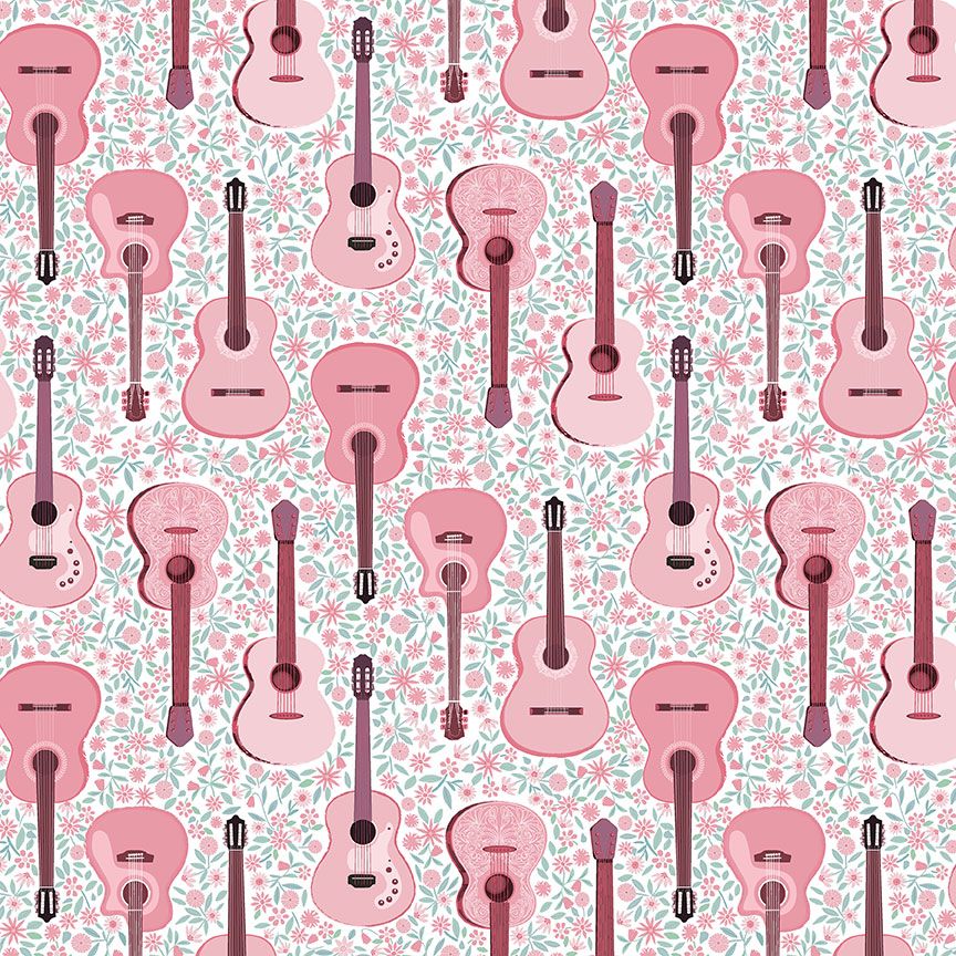 Pink acoustic guitars scattered on white floral background cotton fabric remnant half yard