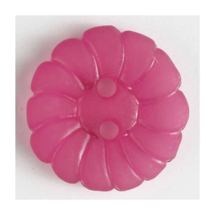 Pink plastic daisy flower-shaped two-hole button with embossed petal detail