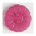 Pink plastic daisy flower-shaped two-hole button with embossed petal detail