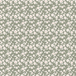 Sage green fabric with scattered cream floral blossoms and small leaf sprigs pattern