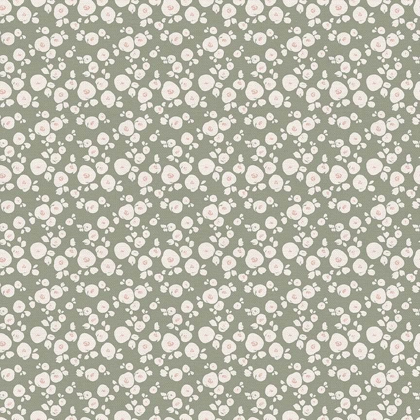 Sage green fabric with scattered cream floral blossoms and small leaf sprigs pattern
