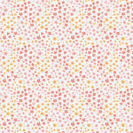 White fabric with scattered pink, coral, and yellow small flowers and hearts pattern