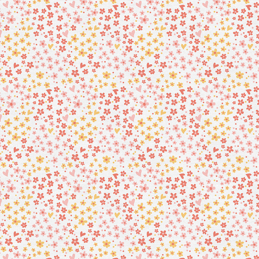 White fabric with scattered pink, coral, and yellow small flowers and hearts pattern