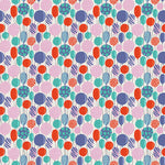 Colorful balloon print fabric in pink, red, teal, and blue on white background