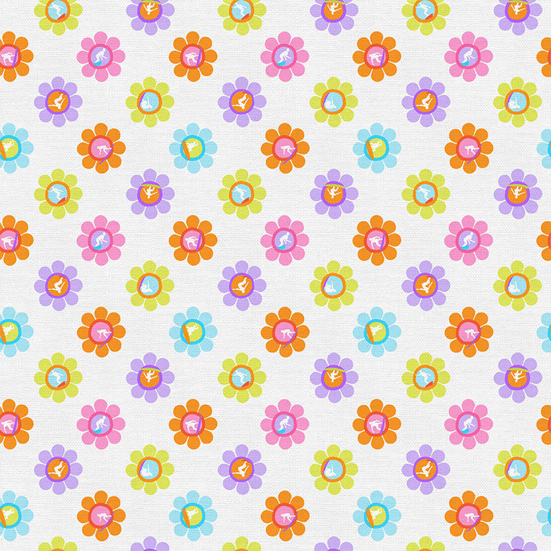 White fabric with colorful daisy flowers in orange, pink, purple, green, and blue scattered pattern