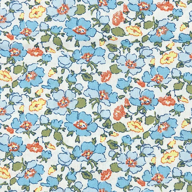 Blue poppy floral cotton poplin fabric with coral and yellow accent flowers on white background