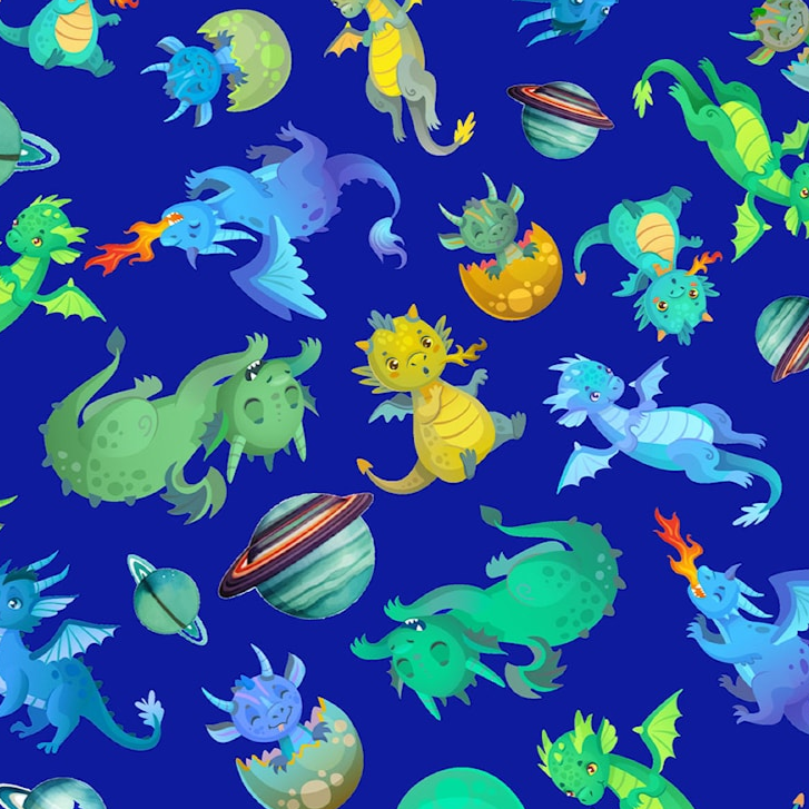 Royal blue knit fabric with colorful cartoon baby dragons and planets scattered throughout.