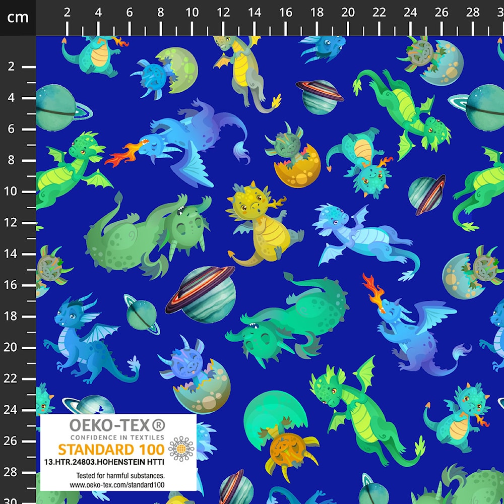 Blue knit fabric with colorful cartoon baby dragons and planets allover print