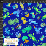 Blue knit fabric with colorful cartoon baby dragons and planets allover print