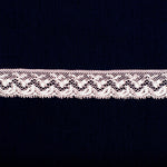 Delicate pink lace edging trim with floral scalloped pattern on navy background