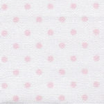 White fabric with small evenly spaced baby pink polka dots pattern