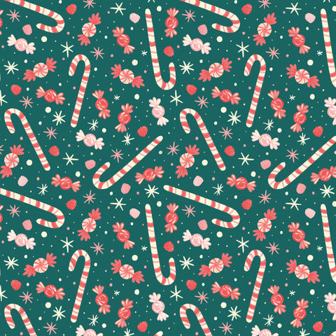 Teal fabric with pink candy canes, wrapped candies, snowflakes, and strawberries pattern