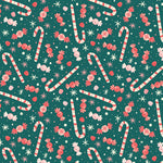 Teal fabric with pink candy canes, wrapped candies, snowflakes, and strawberries pattern