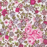 White cotton fabric with pink roses and purple floral ditsy print pattern