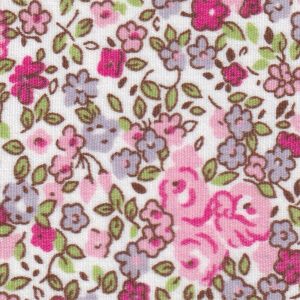 White cotton fabric with pink roses and purple floral ditsy print pattern
