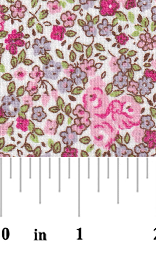 White cotton fabric with pink roses and lavender floral ditsy print pattern