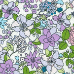 Cotton poplin fabric with purple, blue, and pink floral print on white background