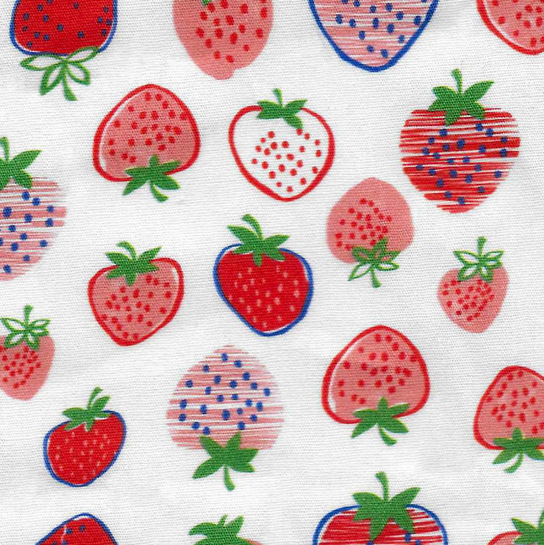 White cotton fabric with scattered red, pink, and blue strawberry illustrations in varied styles