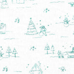 White fabric with teal Christmas trees, snowmen, and snowflake repeat pattern