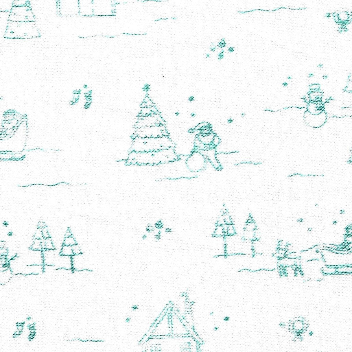 White fabric with teal Christmas trees, snowmen, and snowflake repeat pattern