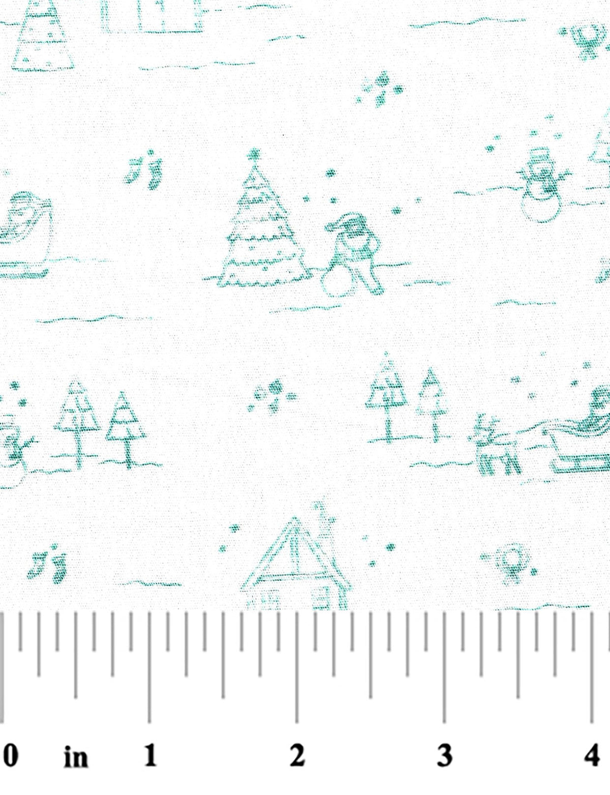 White fabric with teal Christmas trees, snowmen, and holiday scenes print