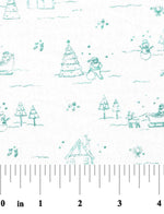 White fabric with teal Christmas trees, snowmen, and holiday scenes print