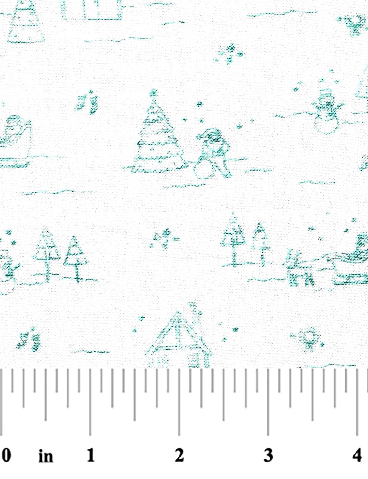 White fabric with teal Christmas trees, snowmen, and holiday scenes print