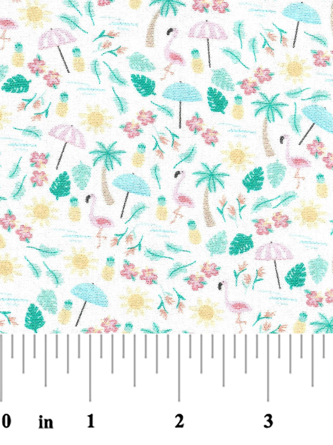 White cotton fabric with small tropical print: flamingos, palm trees, umbrellas, flowers, pineapples