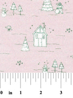 Pink cotton fabric with green toile winter scene of houses, snowmen, and pine trees.