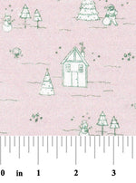 Pink cotton fabric with green Christmas trees, snowmen, and house toile print