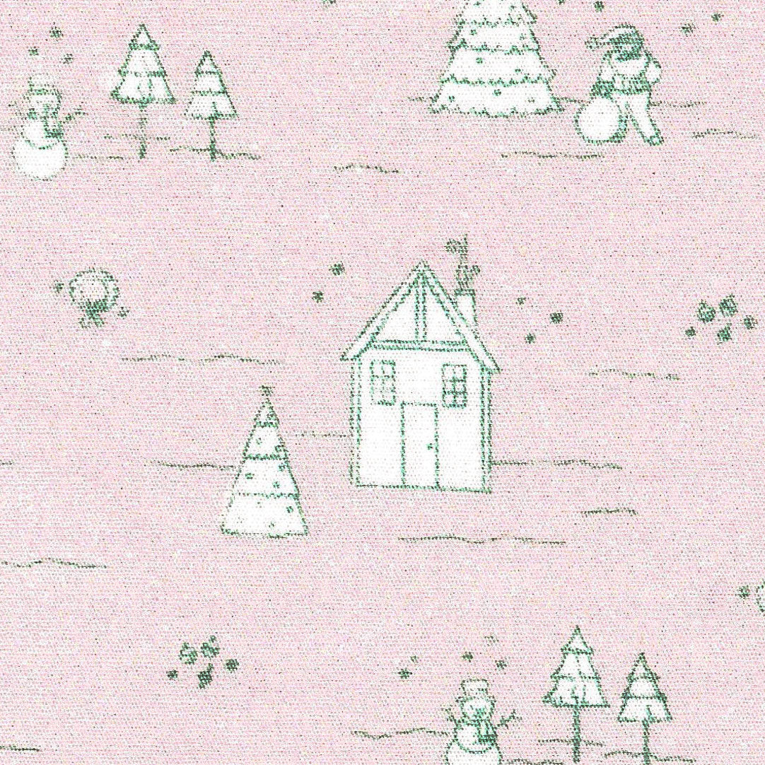 Pink fabric with green and white Christmas trees, snowmen, and cottage print