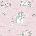 Pink fabric with green and white Christmas trees, snowmen, and cottage print