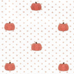 White cotton fabric with orange pumpkins and small orange polka dots scattered throughout