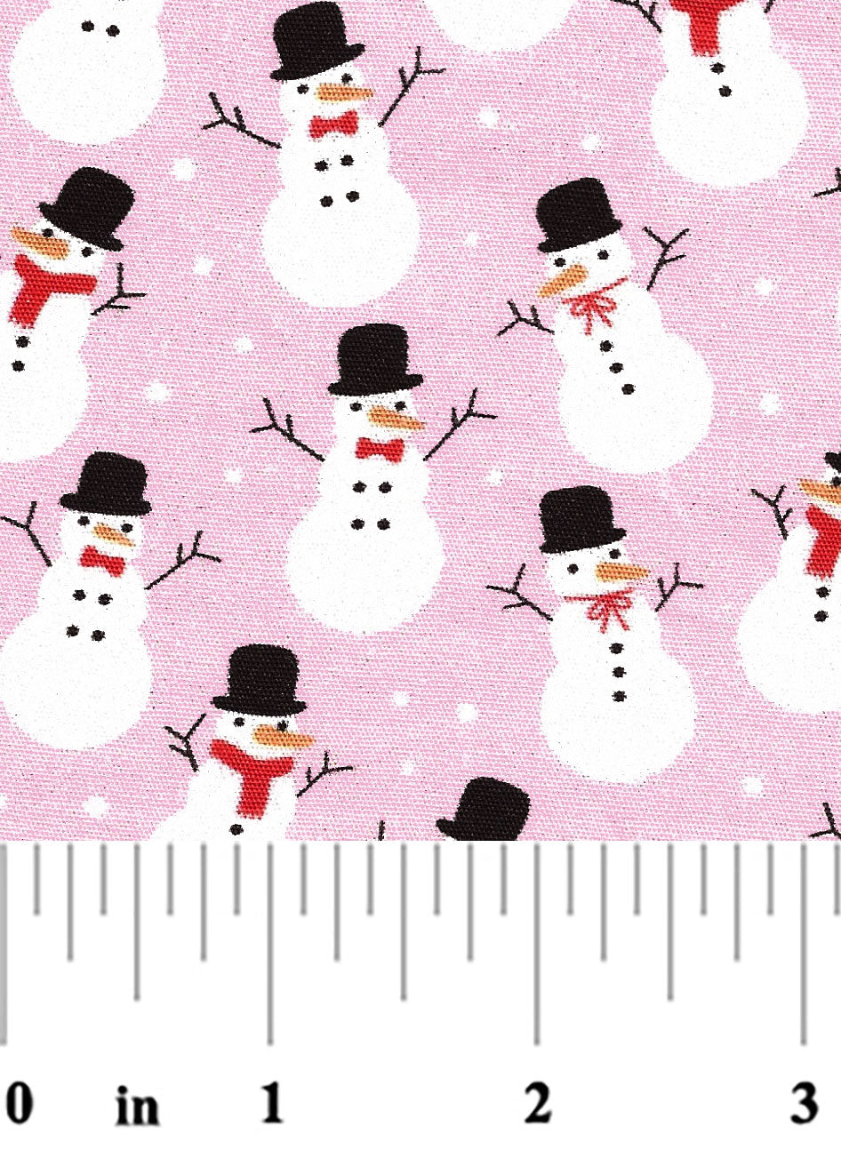 Pink cotton fabric with white snowmen wearing black top hats and red scarves