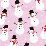 Pink cotton fabric printed with white snowmen wearing black top hats and red scarves