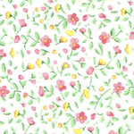 White cotton fabric with scattered pink flowers, yellow buds, and green leaves