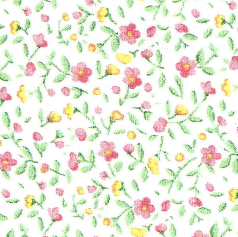 White cotton fabric with scattered pink flowers, yellow buds, and green leaves